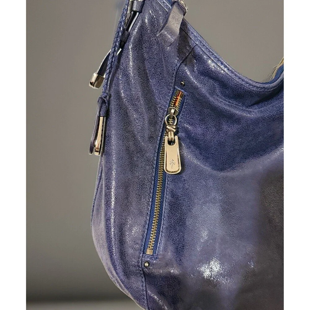 VTG Cole Haan Blue Crackle Patent Leather Slouchy Hobo Handbag Silver/ Gold Zip
